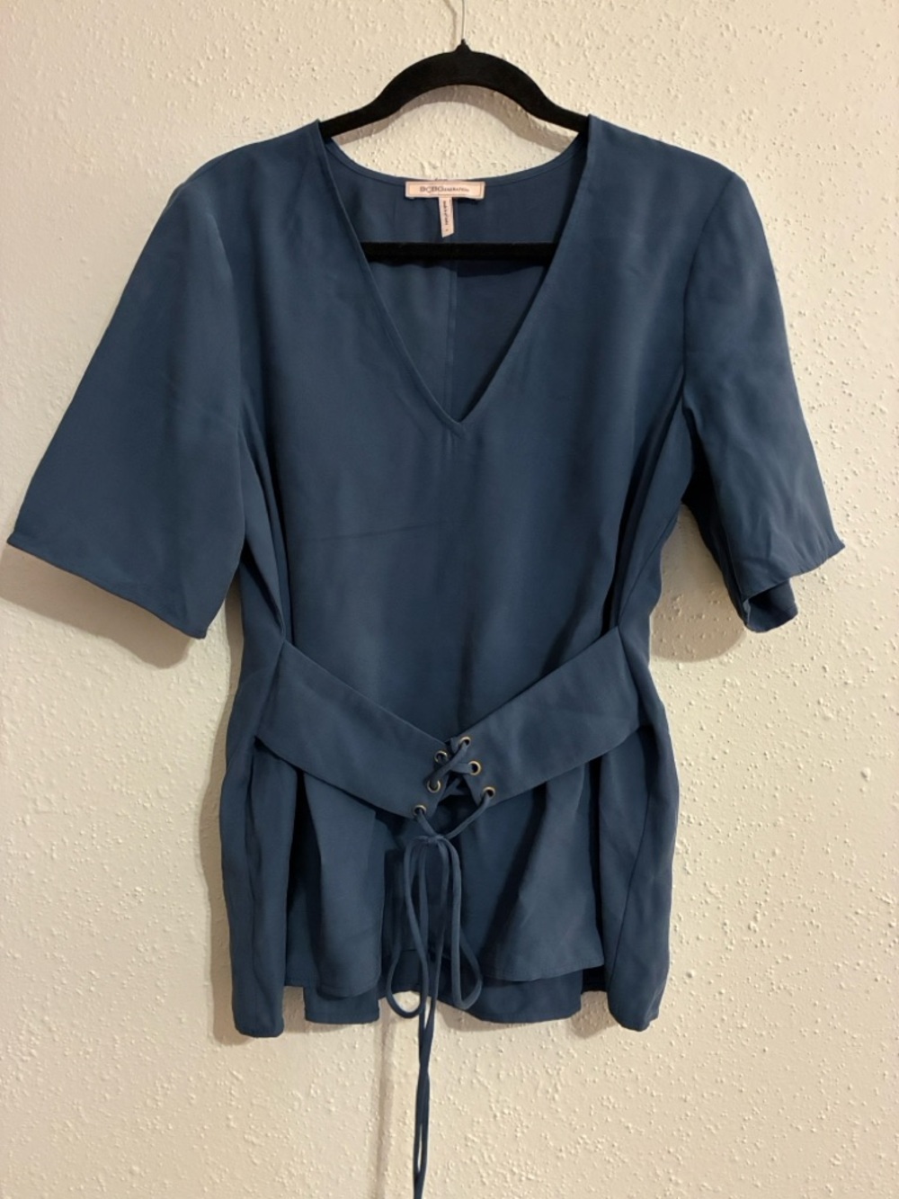 BCBGeneration Slate Blue V-Neck Lace-Up Waist Blouse